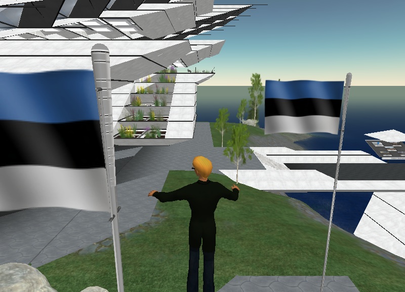 Peter Krogstad flying beside Estonian Flags